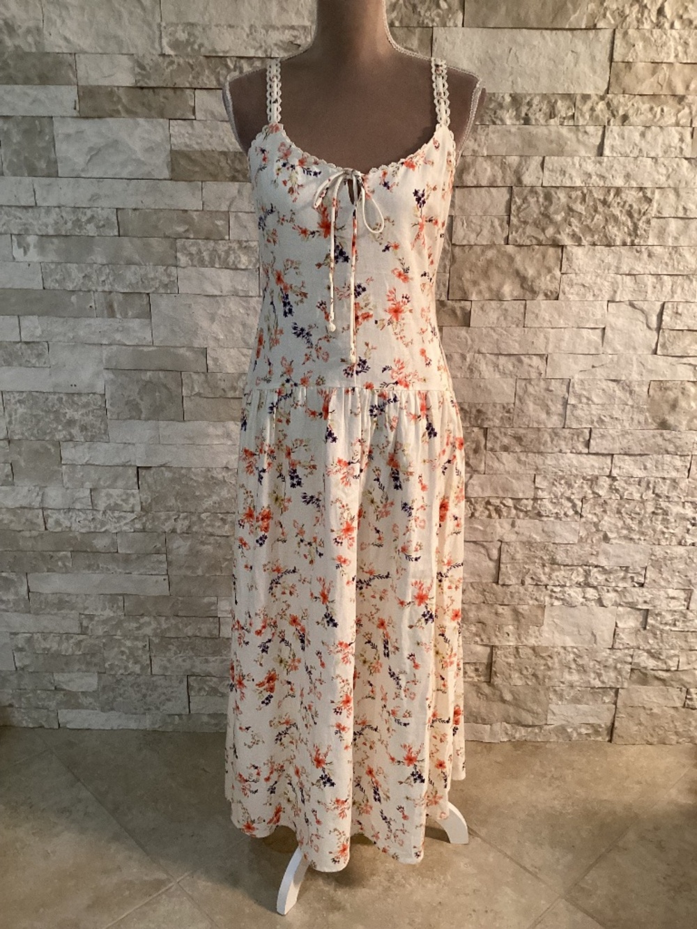 NWT Caroline Constas Cream Floral Linen Blend Drop Waist Maxi Dress Small